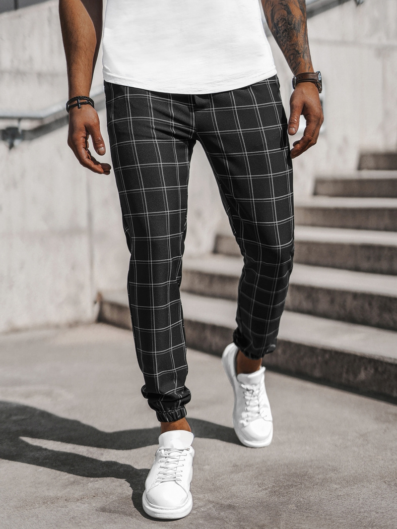 Spodnie męskie chino joggery w kratę czarne OZONEE DJ/2285/22Z