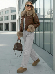 Жіноча шкіряна куртка шоколад OZONEE JS/61M8513/158