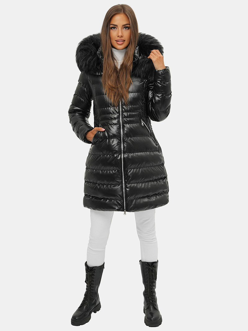 Kurtka zimowa damska z futerkiem czarna OZONEE JS/M777/392A