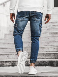 Spodnie jeansowe joggery męskie ciemno-niebieskie OZONEE G/1064