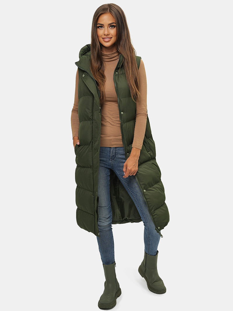Kamizelka damska długa pikowana z kapturem ciemno-zielona OZONEE JS/M728/136