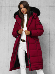 Kurtka zimowa damska długa pikowana bordowa OZONEE O/W377