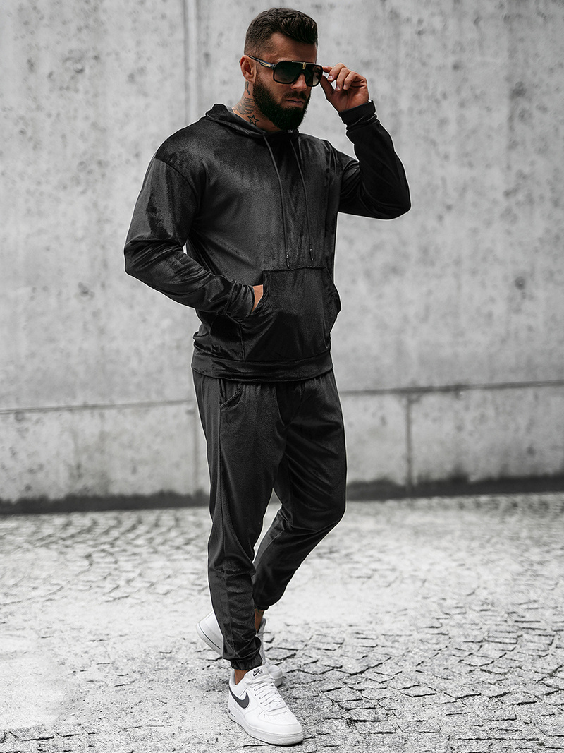 Komplet dresowy męski welurowy czarny OZONEE O/D7517