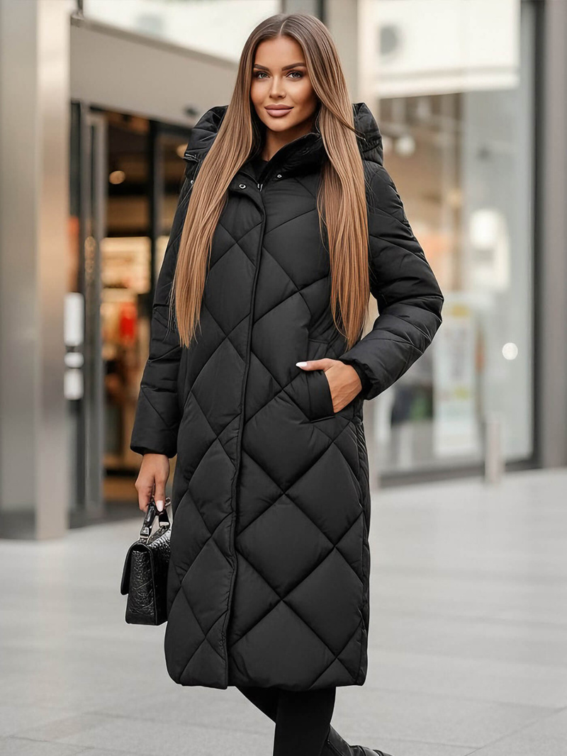 Kurtka zimowa damska długa pikowana czarna OZONEE JS/5M3173/392Z