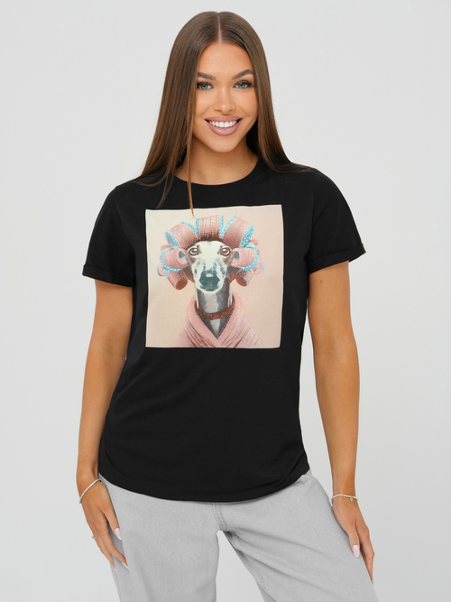 T-shirt damski z nadrukiem czarno-różowy OZONEE JS/YJ77726