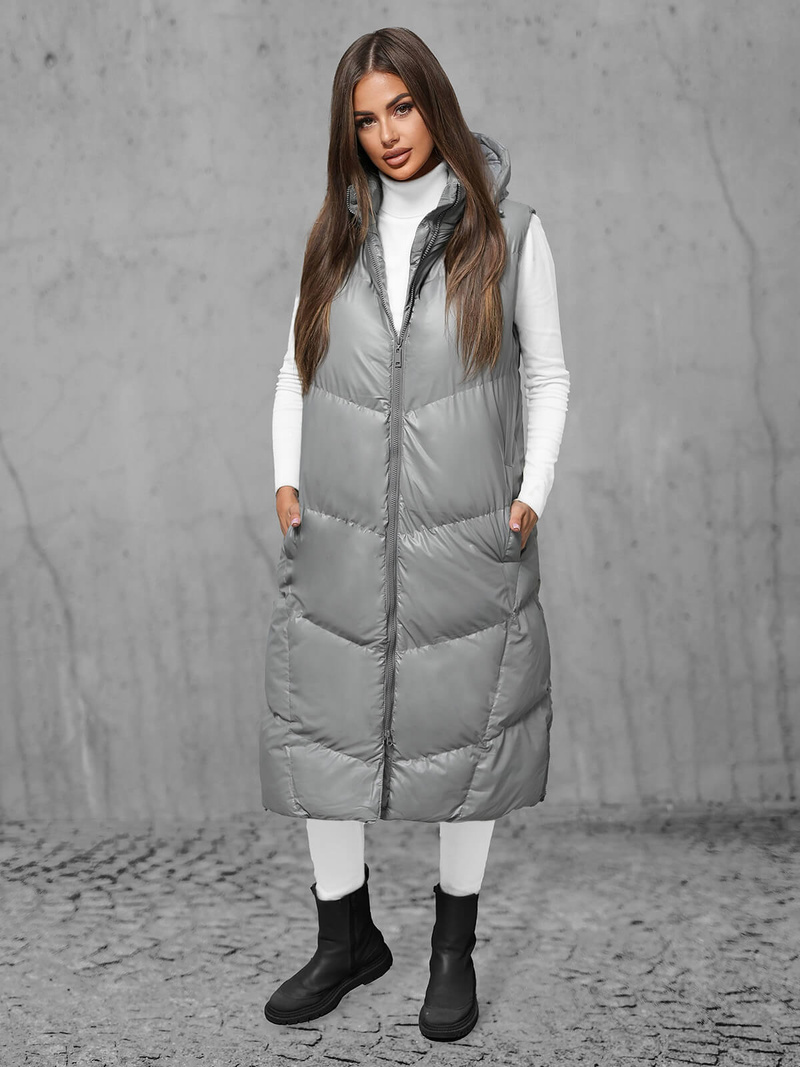 Kamizelka damska długa skórzana szara OZONEE JS/5M3183/105