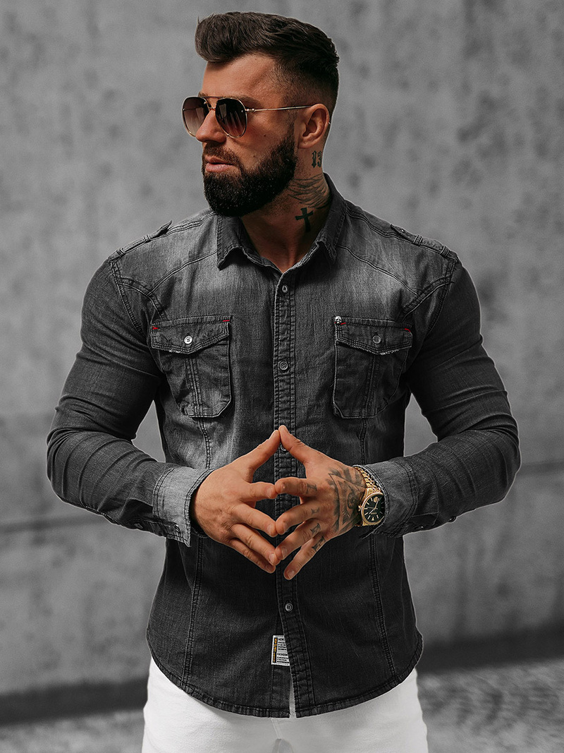 Чоловіча джинсова сорочка Чорна OZONEE NB/MC701NZ