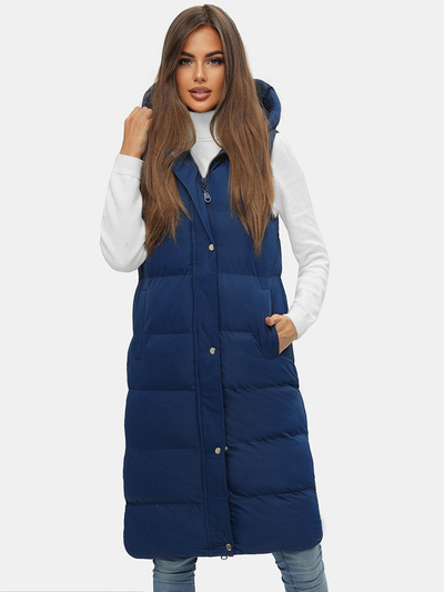 Kamizelka damska długa pikowana z kapturem granatowa OZONEE JS/M728/215