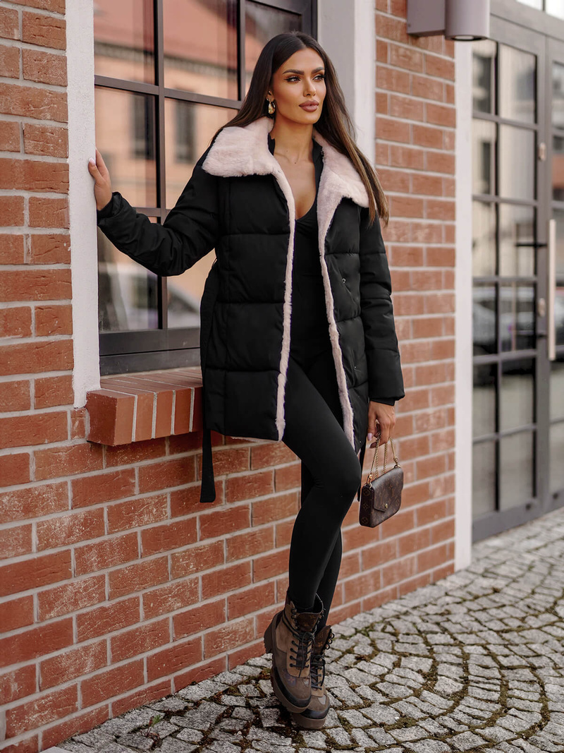 Kurtka zimowa damska z futerkiem czarna OZONEE JS/16M9165/392