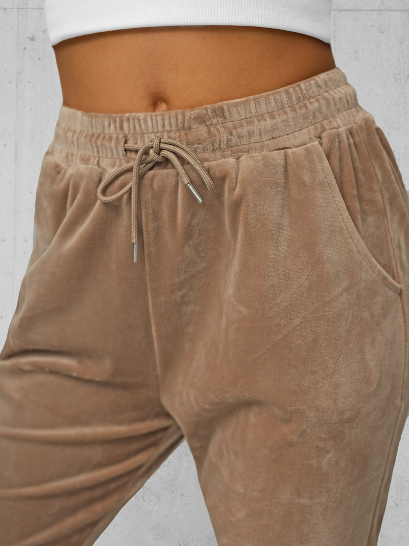 Spodnie dresowe damskie welurowe ciemno-beżowe OZONEE JS/8K1532/91