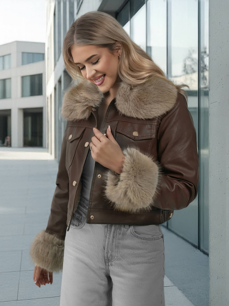 Kurtka skórzana damska z futerkiem czekoladowa OZONEE JS/61M8513/158