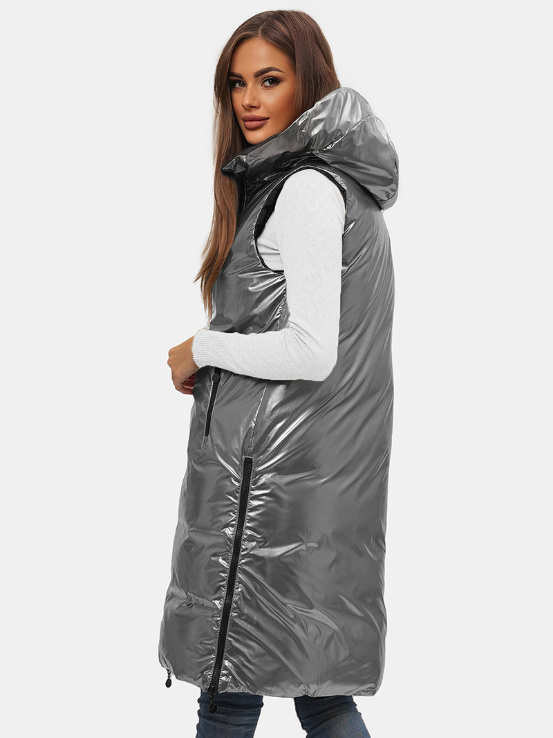 Kamizelka damska dwustronna długa z kapturem czarno-srebrna OZONEE O/H1121/61