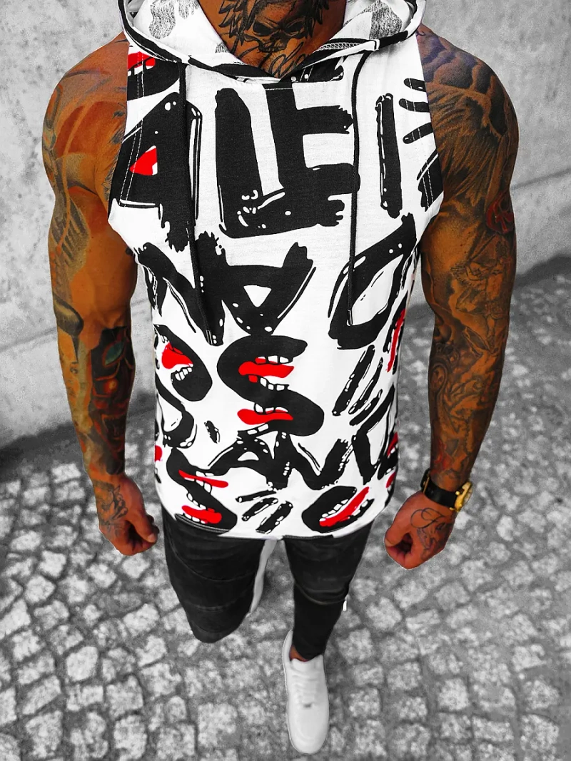 Koszulka bez rękawów męska z nadrukiem biało-czarna OZONEE O/BL301Z