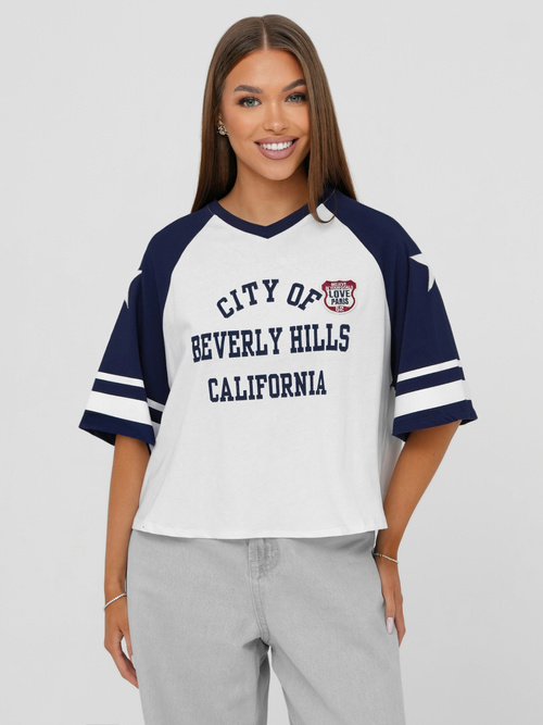 T-shirt damski oversize biało-granatowy OZONEE JS/R62493