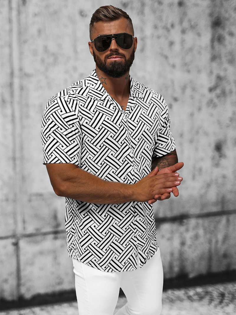 Сорочка чоловіча з коротким рукавом Бiло-Чорна OZONEE E/1400/225Z