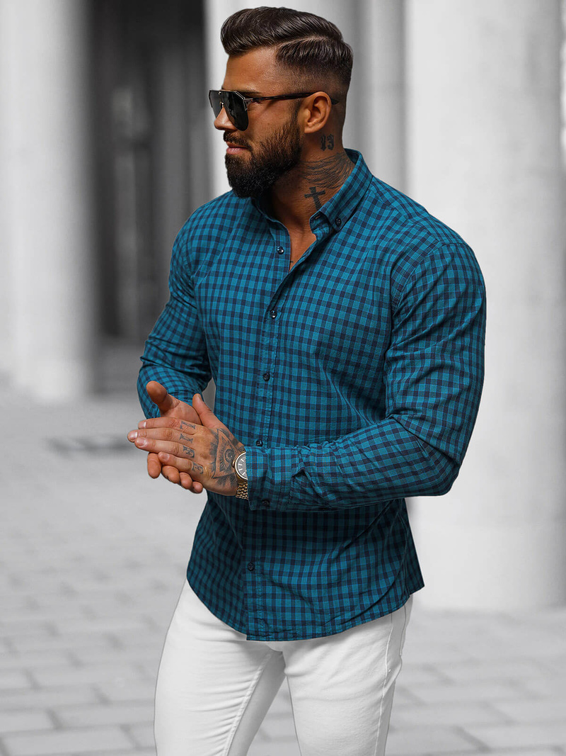 Koszula męska w kratę niebieska OZONEE O/V96