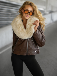 Kurtka skórzana damska z futerkiem czekoladowa OZONEE JS/61M8508/158