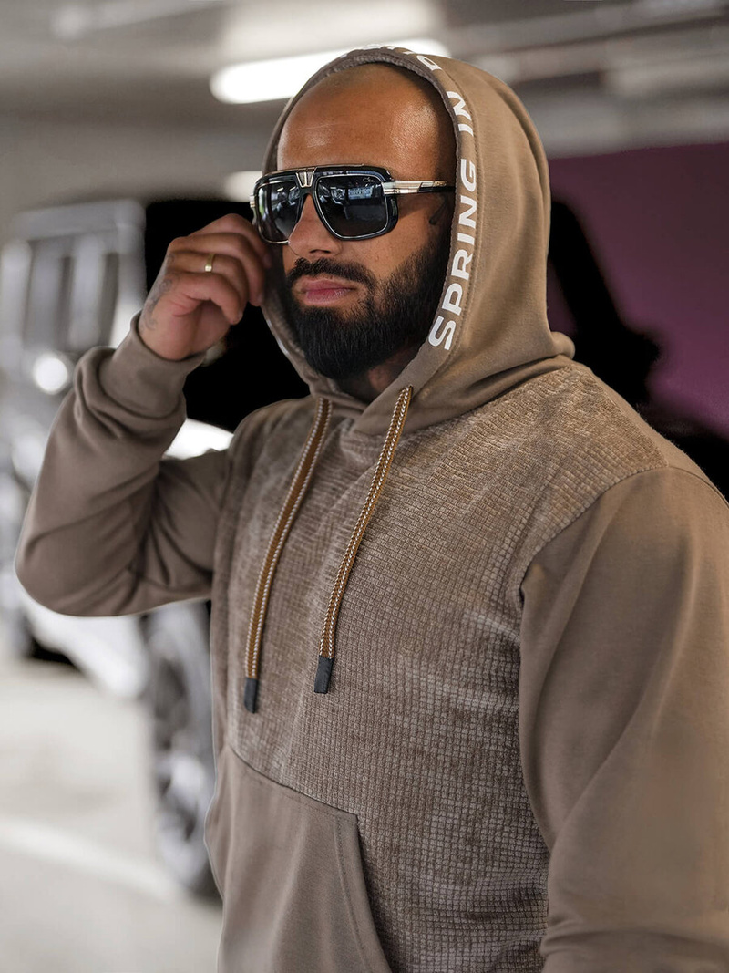 Bluza męska z kapturem ciemno-beżowa OZONEE O/3C505