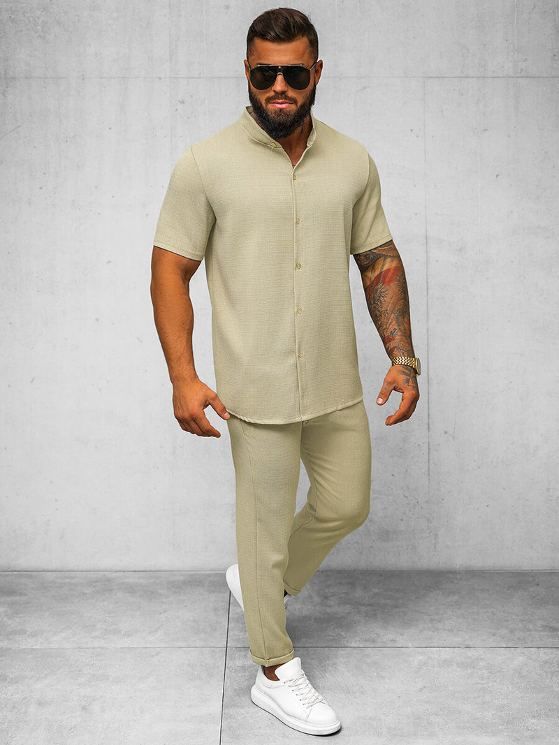 Koszula męska z krótkim rękawem beżowa OZONEE O/Y972T