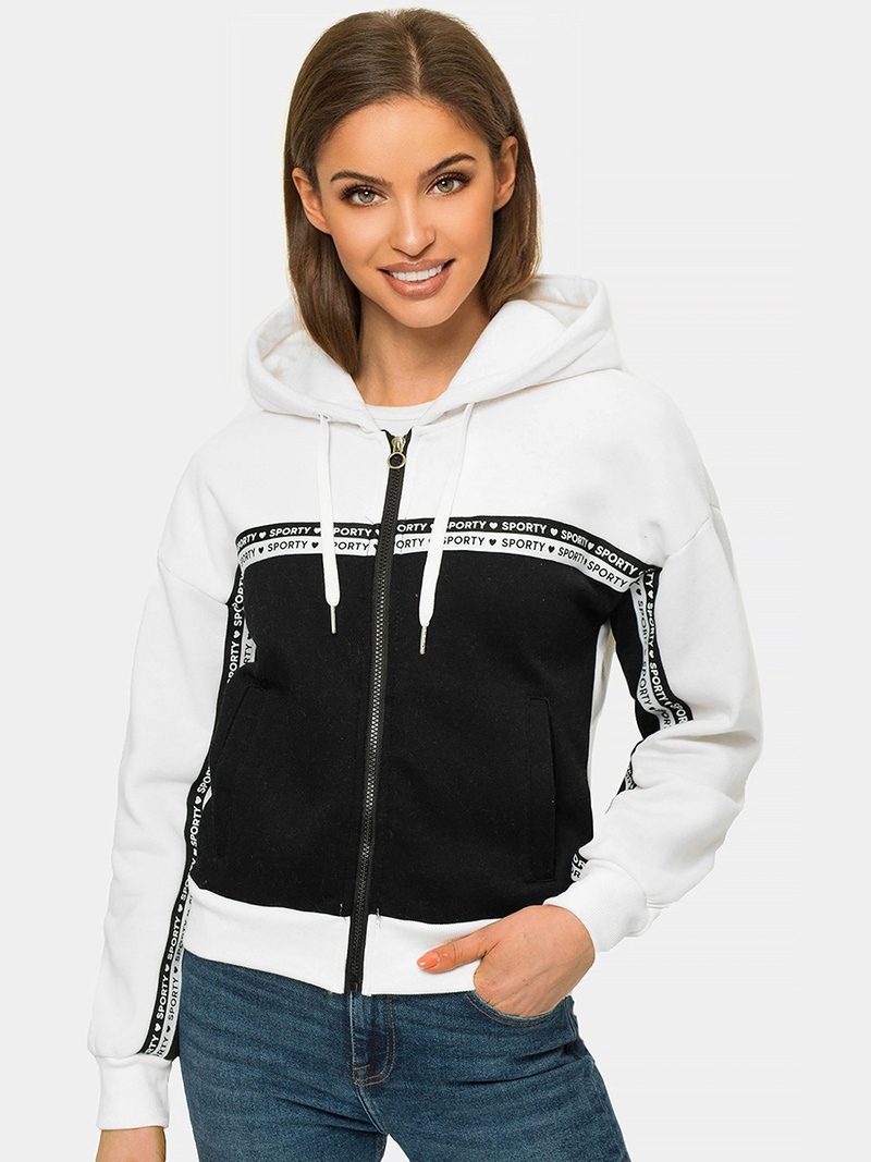 Bluza z kapturem rozpinana damska biało-czarna OZONEE JS/B26044