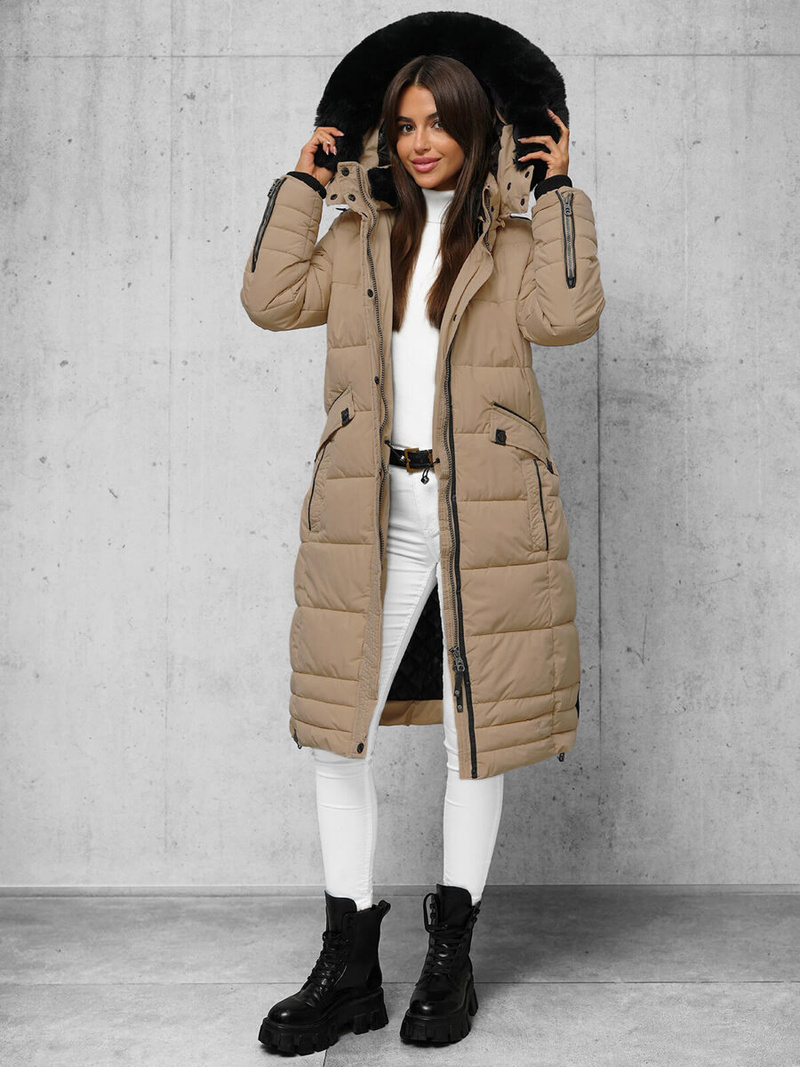 Kurtka zimowa damska długa pikowana ciemno-beżowa OZONEE O/W377