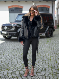 Жіноча шкіряна kуртка чорна OZONEE JS/61M8507/392A