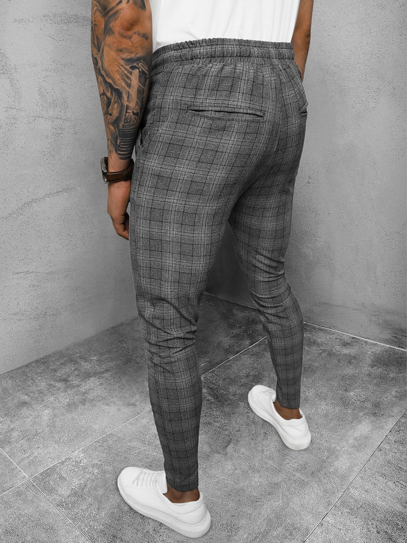 Spodnie męskie chino materiałowe w kratę grafitowe OZONEE DJ/2295/22