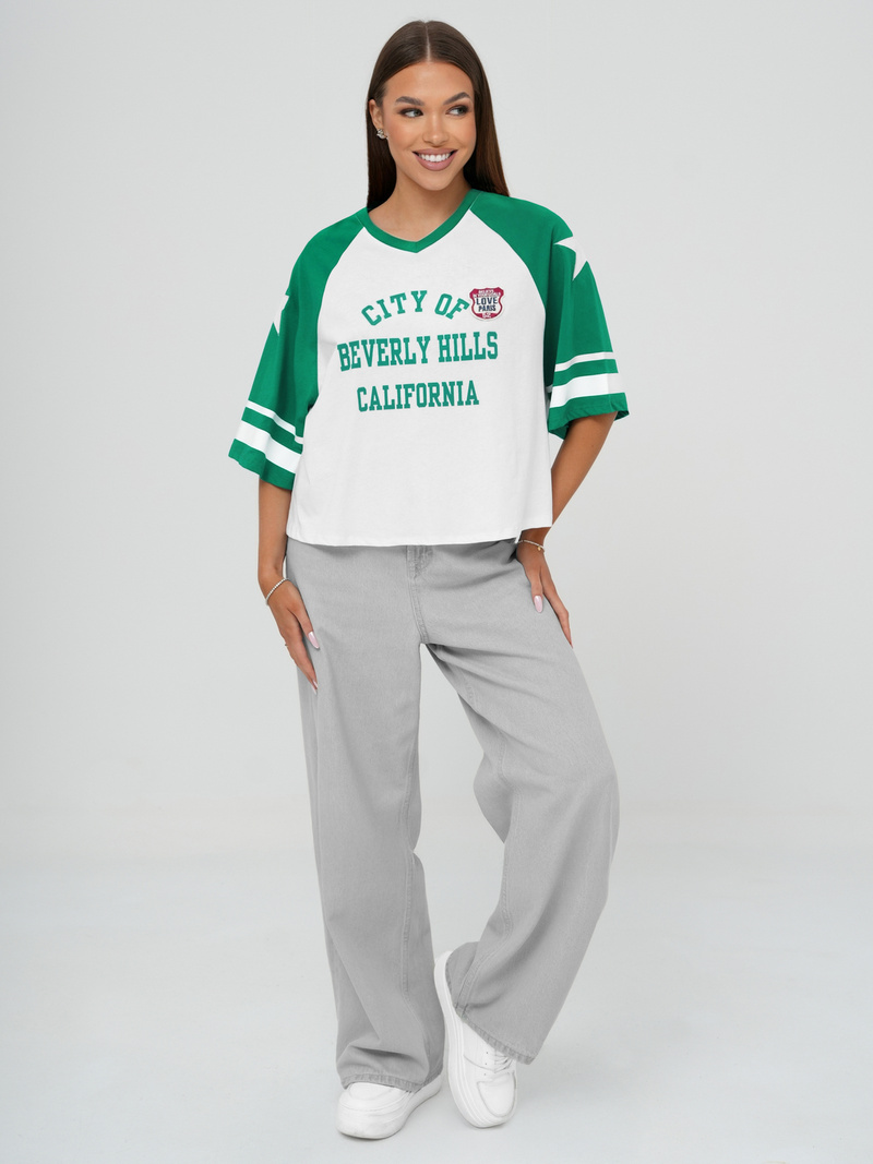 T-shirt damski oversize biało-zielony OZONEE JS/R62493