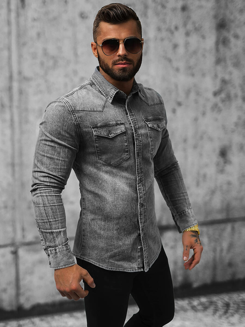 Koszula męska jeansowa szara OZONEE NB/MC710G