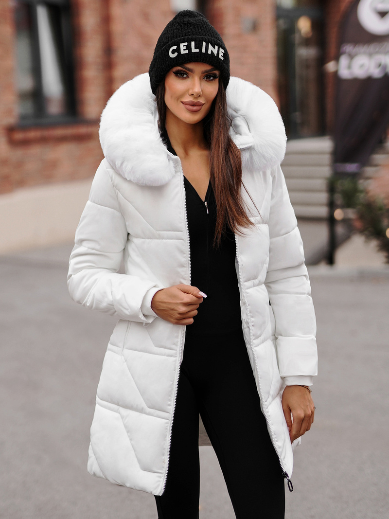 Kurtka zimowa damska długa z futerkiem biała OZONEE JS/16M9099/281