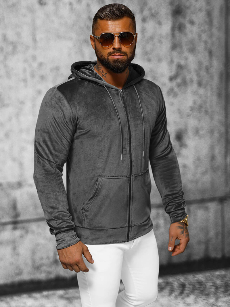 Bluza welurowa męska z kapturem grafitowa OZONEE JS/8B1168/6