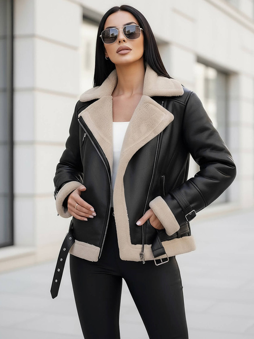 Жіноча шкіряна Kуртка Чорно-Бежева OZONEE JS/11Z8177Z