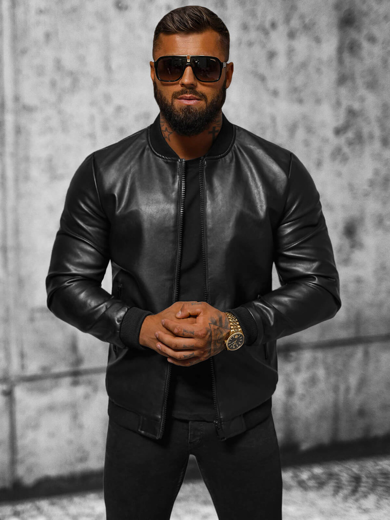 Чоловіча шкіряна куртка Чорна OZONEE JS/11Z8105