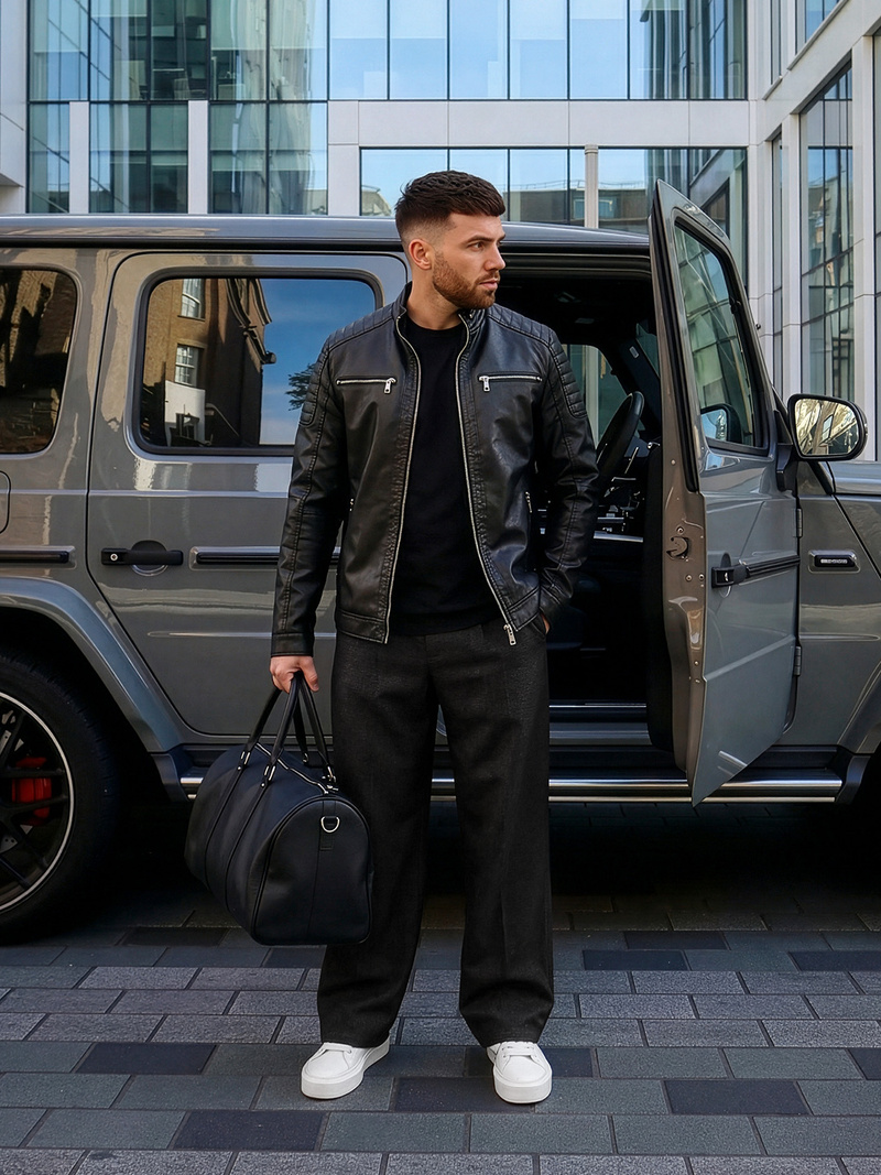 Чоловіча шкіряна куртка Чорна OZONEE JS/11Z8137