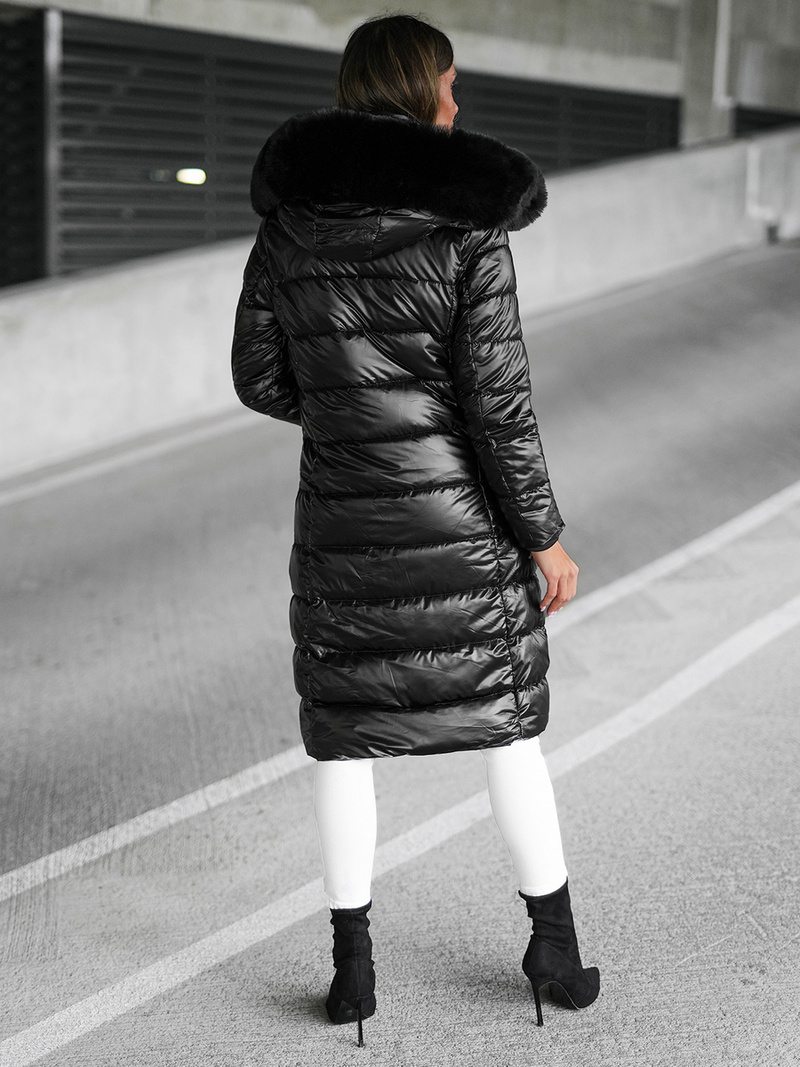 Kurtka zimowa damska długa z futerkiem czarna OZONEE JS/16M9127/392Z