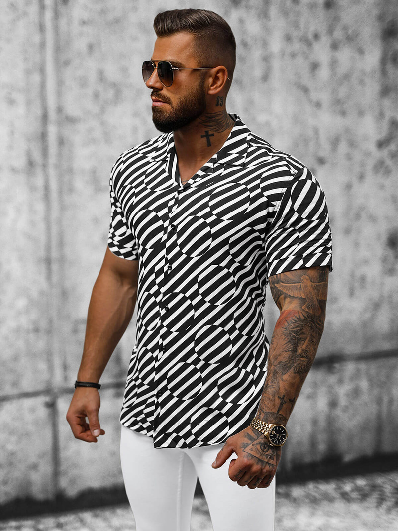 Koszula męska z krótkim rękawem czarno-biała OZONEE E/1400/154