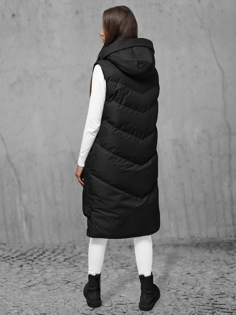 Kamizelka damska długa pikowana z kapturem czarna OZONEE JS/M788/392Z