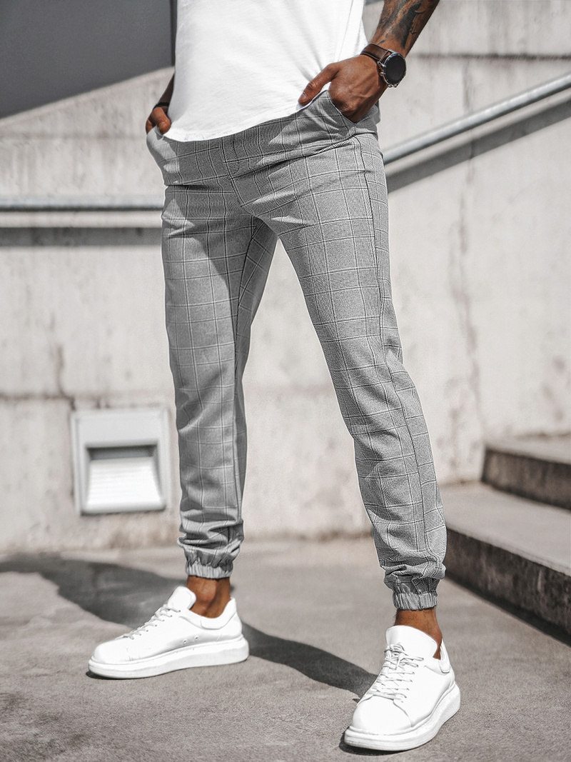 Spodnie męskie chino joggery w kratę szare OZONEE DJ/2296/22Z