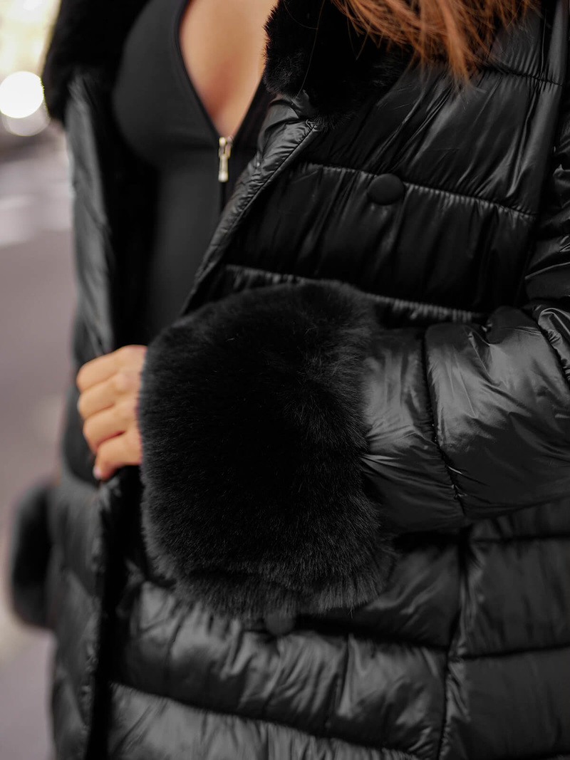 Płaszcz zimowy damski z futerkiem czarny OZONEE JS/5M3160/392Z