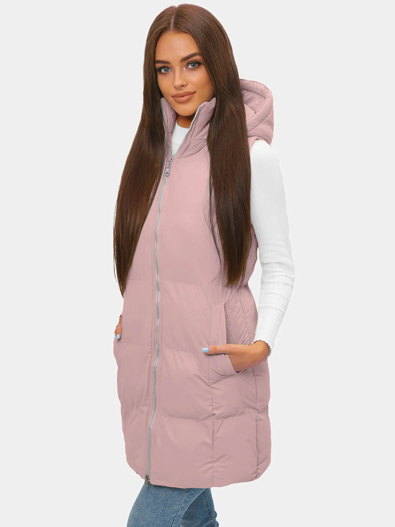 Kamizelka damska długa pikowana z kapturem pudrowa OZONEE JS/M721/46