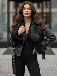 Kurtka ramoneska damska z futerkiem czarna OZONEE JS/61M8511/392AZ