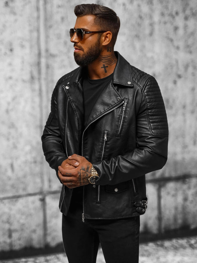 Чоловіча шкіряна куртка Чорна OZONEE JS/11Z8026