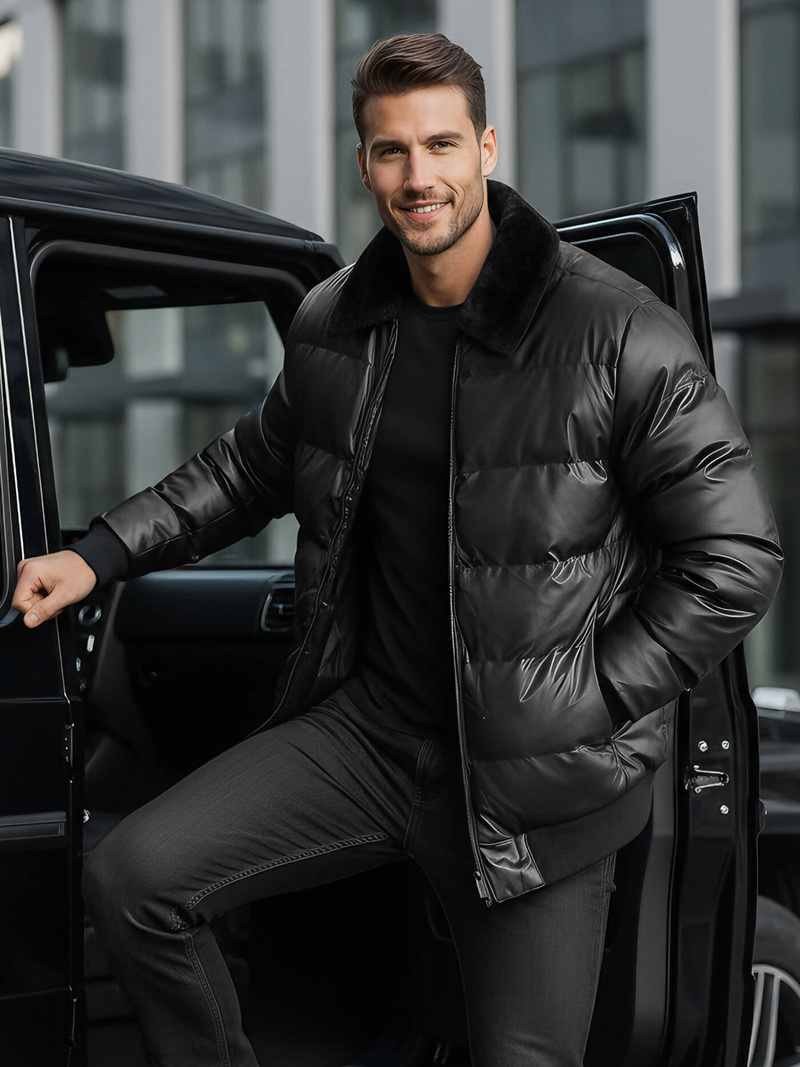 Kurtka zimowa męska skórzana czarna OZONEE O/M795Z