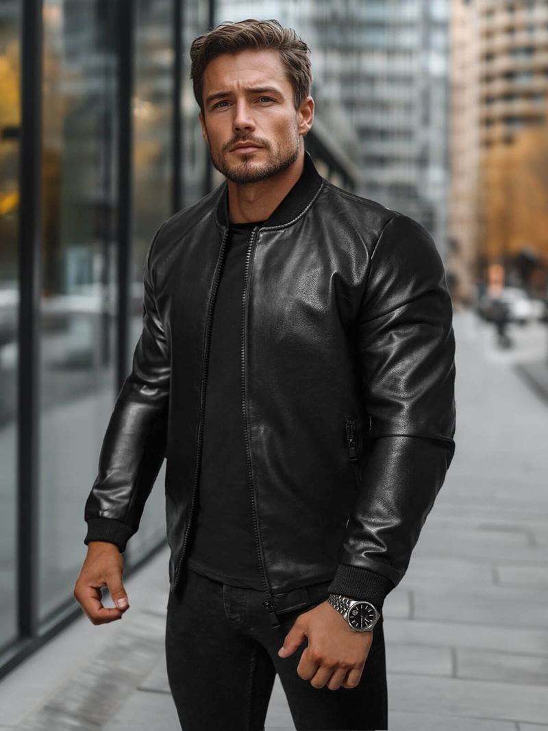 Чоловіча шкіряна куртка Чорна OZONEE JS/11Z8105Z