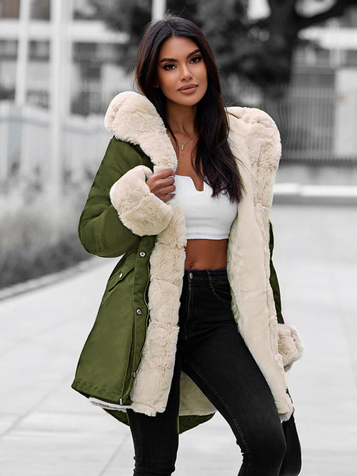 Kurtka zimowa damska z futerkiem zielona OZONEE JS/M763/136Z