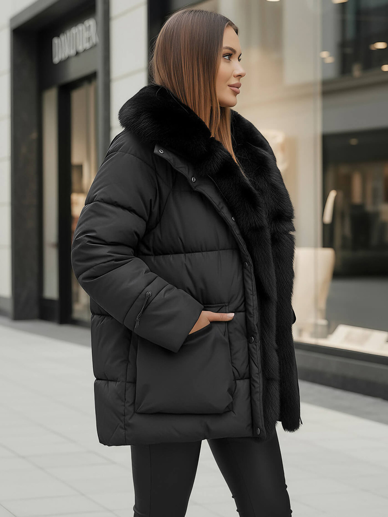 Kurtka zimowa damska z futerkiem czarna OZONEE JS/16M9185/392Z