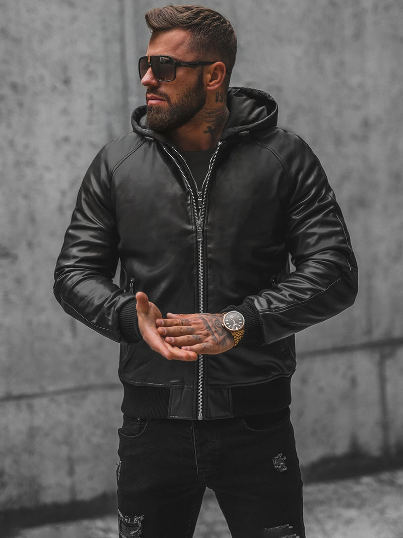 Чоловіча шкіряна куртка Чорна OZONEE JS/11Z8004Z