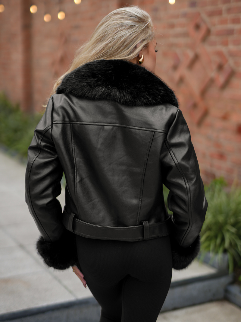 Kurtka ramoneska damska z futerkiem czarna OZONEE JS/61M8511/392A