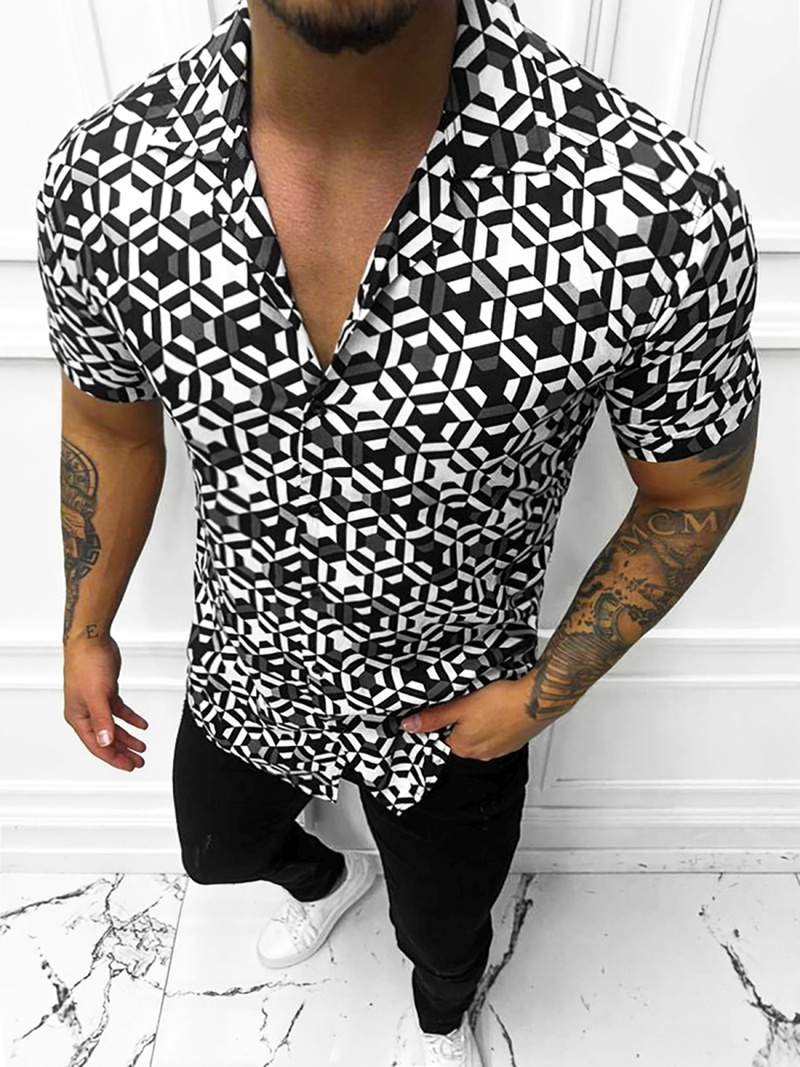 Koszula męska z krótkim rękawem biało-czarna OZONEE E/1400/133