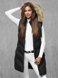 Kamizelka damska długa pikowana z futerkiem czarna OZONEE JS/M787/392